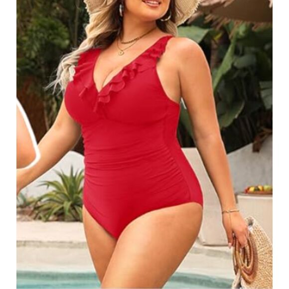 One Piece Red Ruffled Tummy Control Swimsuit - Size XL - NWT - Picture 2 of 9